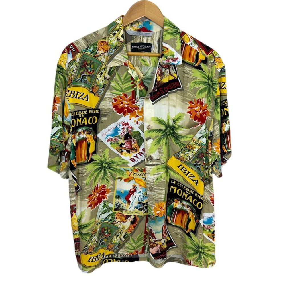 VTG Jams World Mens Hawaiian Camp Shirt L Postcards Ibiza Palm Trees Rayon